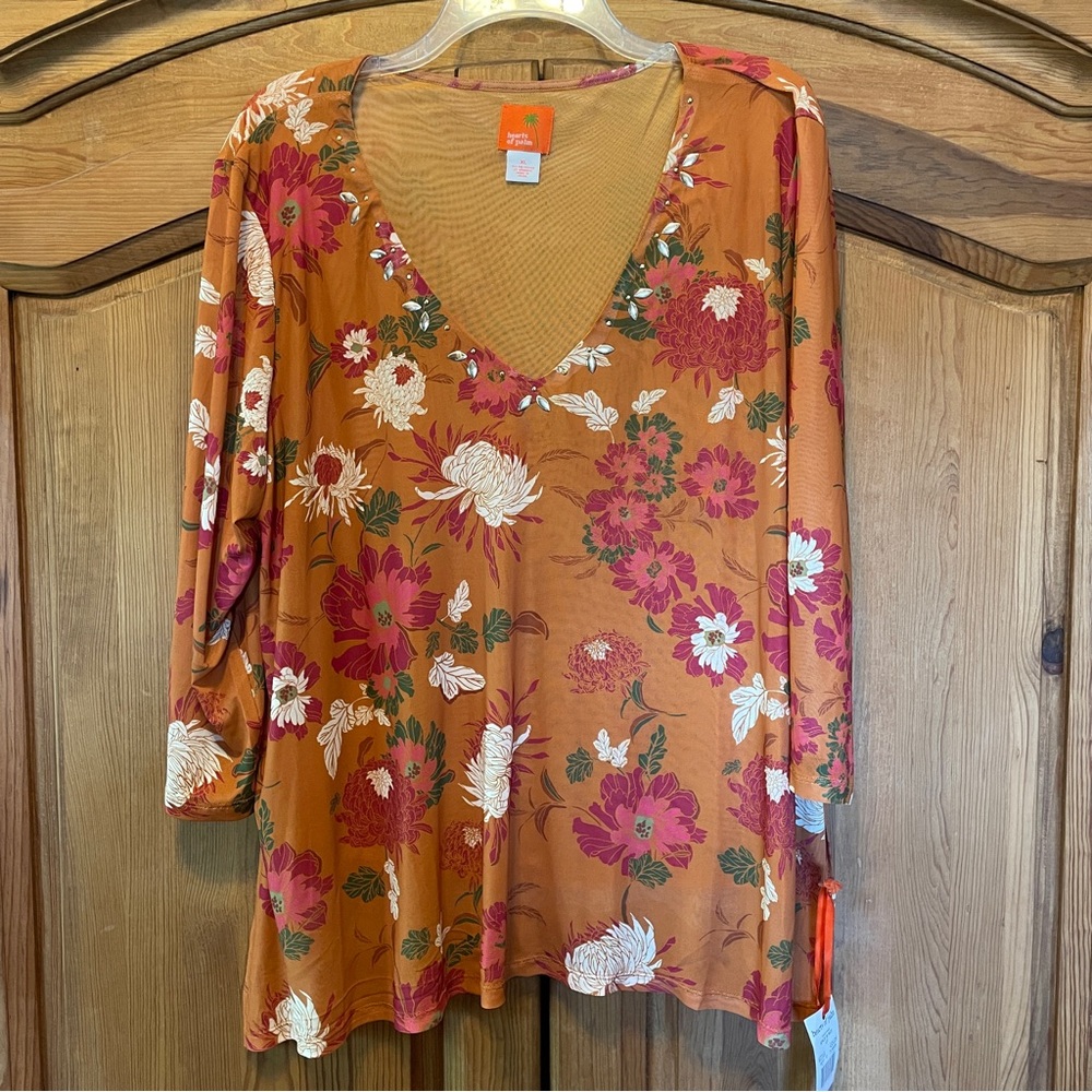 Women's XL Fall Floral V-Neck Top Burnt Orang 3/4 Sleeve NWT $64